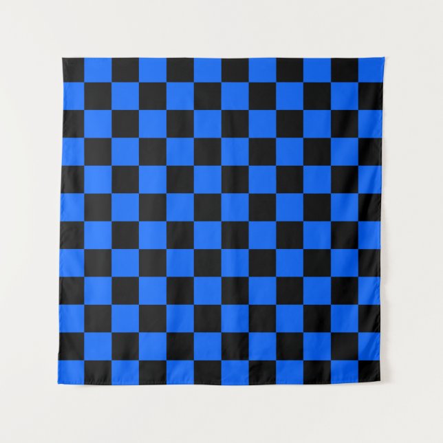 Blue Black Chequered Check Pattern Tapestry (Front)
