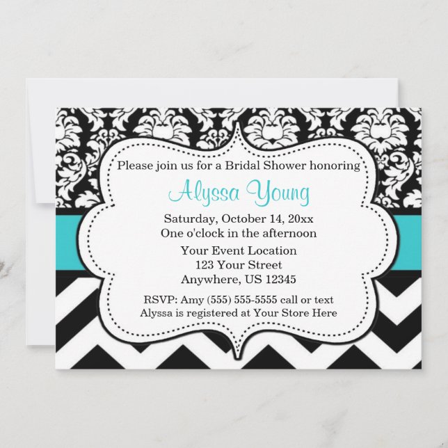 Blue Black Chevron Damask Invitation (Front)