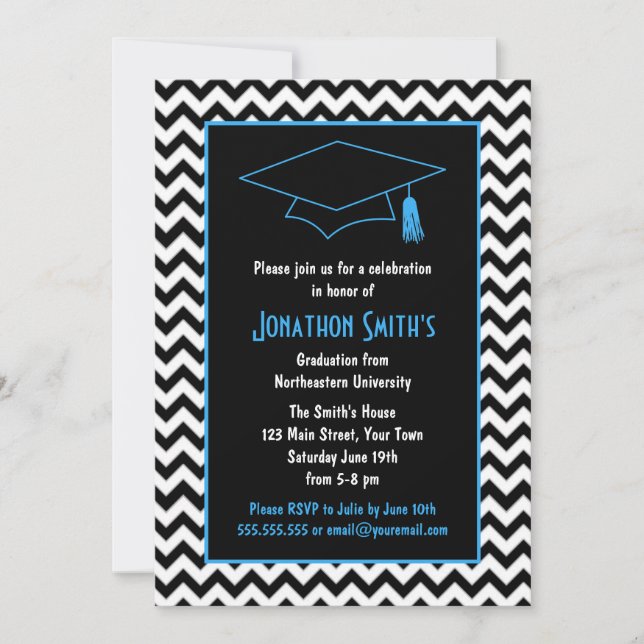 Blue & Black Chevron Graduation Party Invitation (Front)