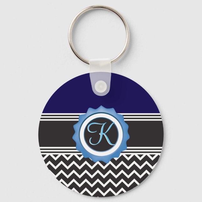 Blue Black Chevron Monogram Keychain (Front)