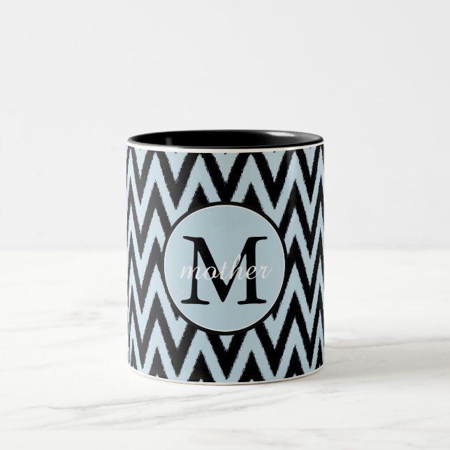 Blue Black Chevron Monogram Two-Tone Coffee Mug (Center)