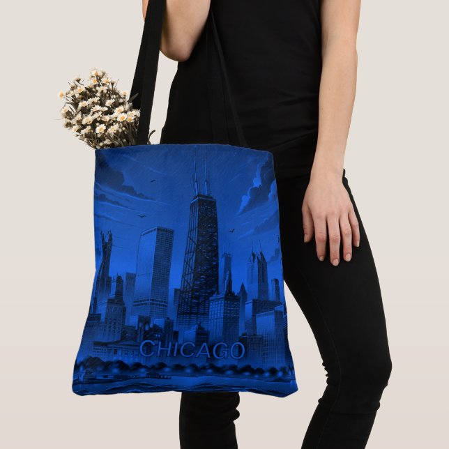 Blue Black Chicago Skyline Tote Bag (Close Up)