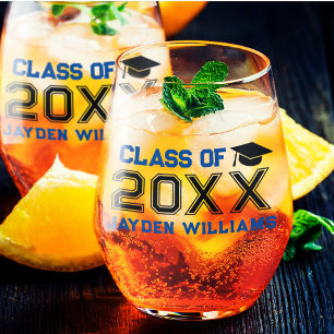 Blue Black Class of 2025 Custom Men Graduation Stemless Wine Glass