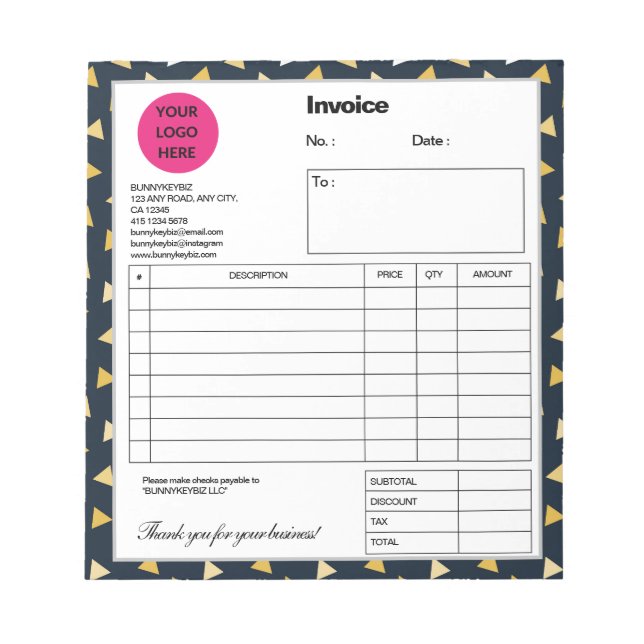 Blue Black Confetti Company Business Shop Invoice Notepad (Front)