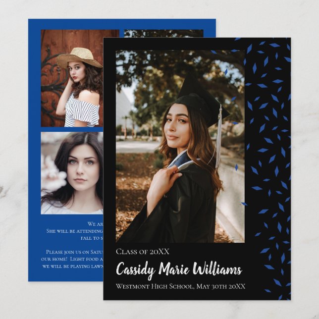 Blue Black Confetti Graduation Announcement Photo (Front/Back)