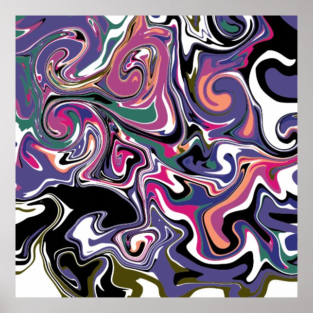 Blue, Black, Coral, White Swirls Marble Like Art Poster (Front)