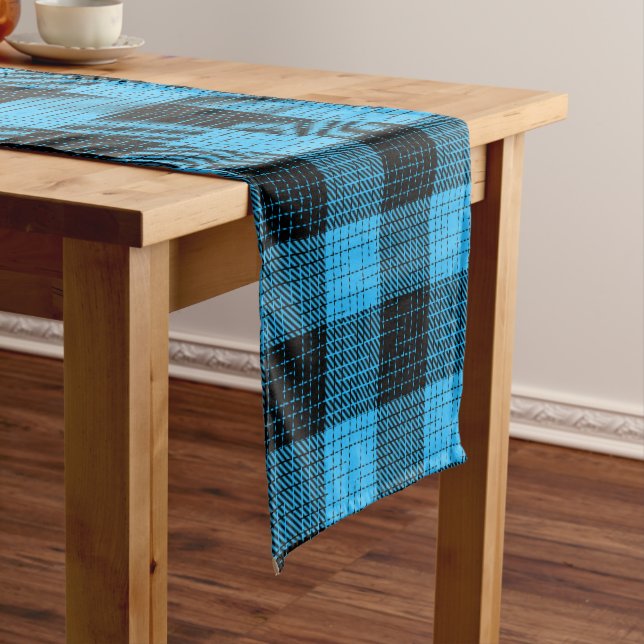  Blue Black Crosshatch Buffalo Check Short Table Runner (In Situ)