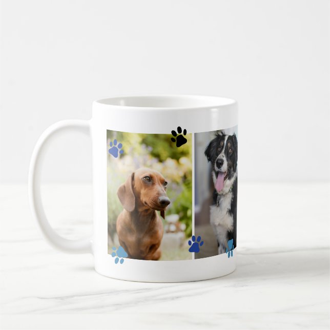 Blue Black Cute Paw Prints Four Pet Photos Coffee Mug (Left)