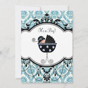 Blue Black Damask Baby Boy Shower Invitations