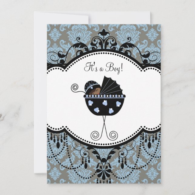 Blue Black Damask Baby Boy Shower Invitations (Front)
