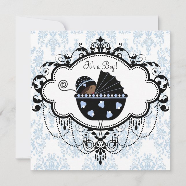 Blue Black Damask Baby Boy Shower Invitations (Front)