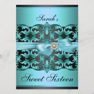 Blue/Black Damask & Bow Sweet16 Birthday Invite