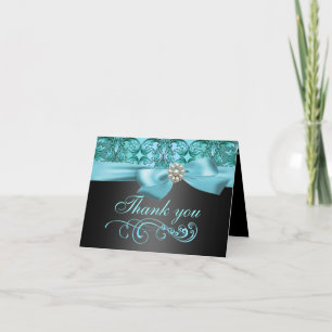 Blue/Black Damask & Bow Thank You Card