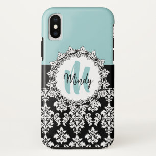Blue Black Damask Hand Lettered Monogram Name iPhone XS Case