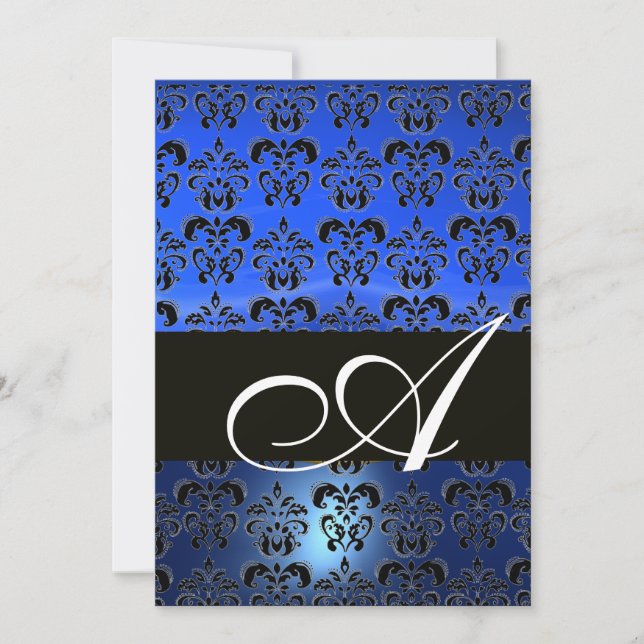 BLUE  BLACK  DAMASK MONOGRAM ,bright white Invitation (Front)