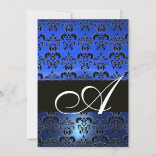 BLUE  BLACK  DAMASK MONOGRAM ,bright white Invitation