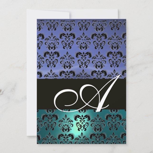 BLUE BLACK  DAMASK MONOGRAM ,bright white Invitation (Front)