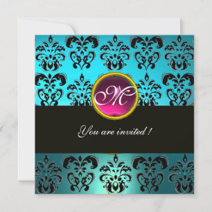 BLUE BLACK DAMASK MONOGRAM,pink amethyst turquase Invitation
