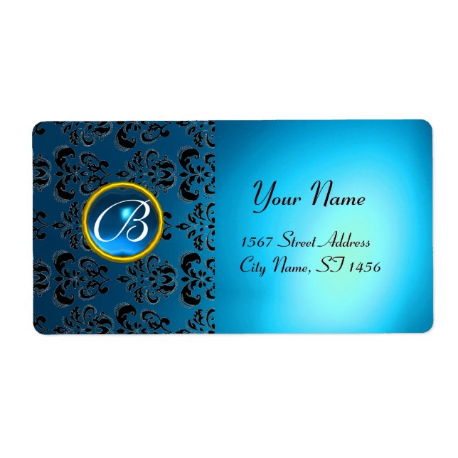 BLUE BLACK DAMASK MONOGRAM,sapphire turquase (Front)