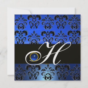 BLUE BLACK DAMASK MONOGRAM SAPPHIRE WHITE ICE INVITATION