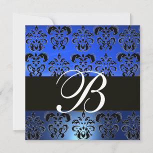 BLUE BLACK  DAMASK MONOGRAM , white Invitation