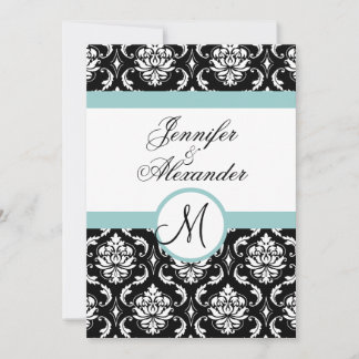Blue Black Damask Wedding Monogram Invitation
