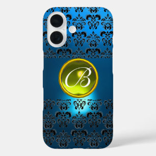 BLUE BLACK DAMASK YELLOW GEM MONOGRAM iPhone 16 CASE