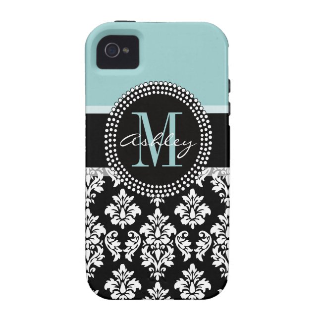 BLUE, BLACK DAMASK, YOUR MONOGRAM ,YOUR NAME Case-Mate iPhone CASE (Back)