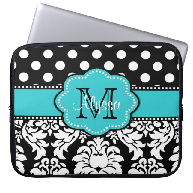 Blue Black Dot Damask Personalized Computer Sleeve (Front)