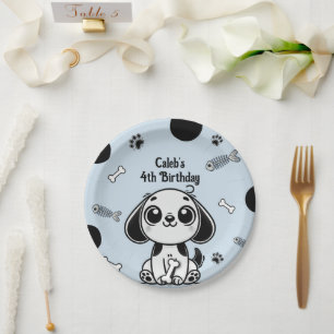 Blue & Black Fish Bones Puppy Dog Birthday Party Paper Plate