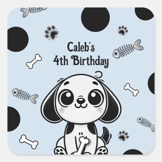 Blue & Black Fish Bones Puppy Dog Birthday Party  Square Sticker (Front)