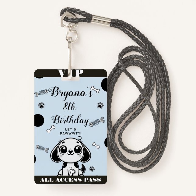 Blue Black Fish Bones Puppy Dog Birthday VIP Pass Badge (Front with Lanyard)