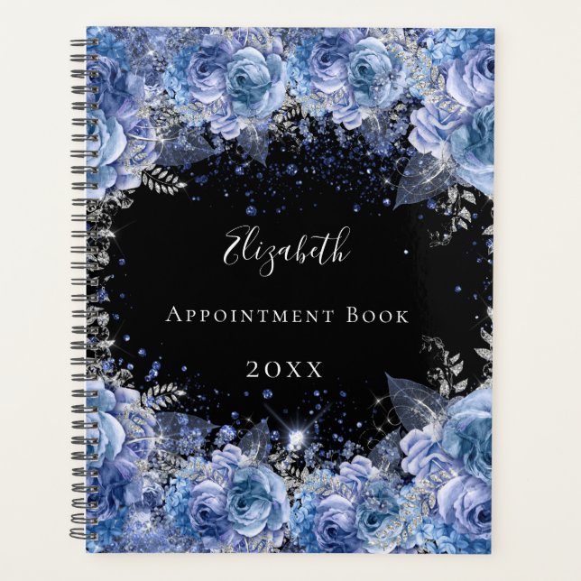 Blue black floral glitter name 2026 planner (Front)