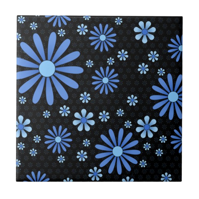 Blue & Black Flower Power Retro Floral Tile (Front)