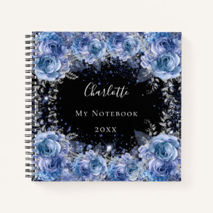 Blue black flowers glitter name glamourous notebook
