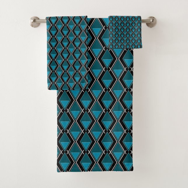 blue black geometric pattern art deco bath towel set (Insitu)