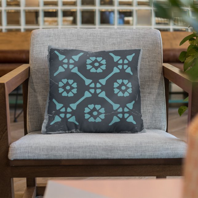 Blue Black Geometric Tile Board Game Distressed Throw Pillow (Creator Uploaded)