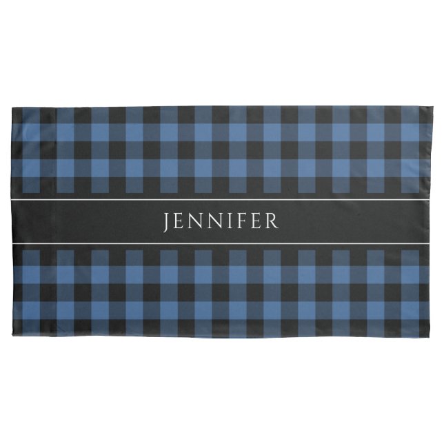 Blue & Black Gingham Plaid Farmhouse Pattern Name Pillowcase (Front)