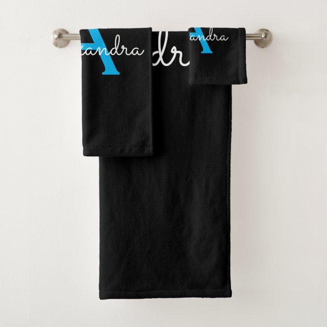 Blue Black Girly Script Monogram Name Bath Towel Set (Insitu)