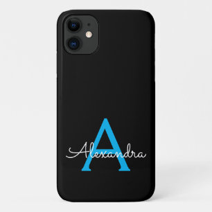 Blue Black Girly Script Monogram Name Modern iPhone 11 Case