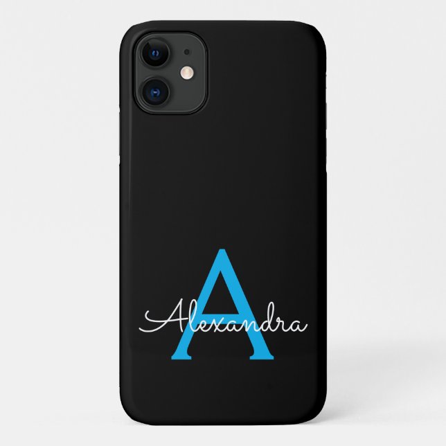 Blue Black Girly Script Monogram Name Modern Case-Mate iPhone Case (Back)