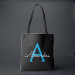 Blue Black Girly Script Monogram Name Modern Tote Bag<br><div class="desc">Black and Blue Elegant Add Your Own Name Monogram Book Bag. This Book Bag can be customized to include your initial and first name and given as a gift for Christmas,  Sweet 16 Birthday,  Bridal Shower or a Wedding.</div>