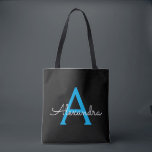Blue Black Girly Script Monogram Name Modern Tote Bag<br><div class="desc">Black and Blue Elegant Add Your Own Name Monogram Book Bag. This Book Bag can be customized to include your initial and first name and given as a gift for Christmas,  Sweet 16 Birthday,  Bridal Shower or a Wedding.</div>