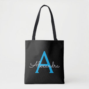Blue Black Girly Script Monogram Name Modern Tote Bag