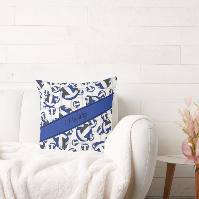 Blue black girly volleyballs pattern w net accent throw pillow (Couch)