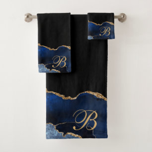 Blue Black Glitter Agate Geode Gold Initial Bath Towel Set
