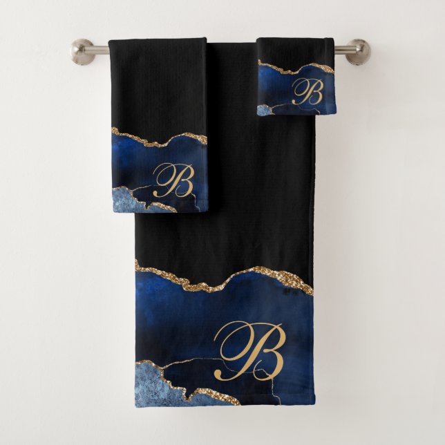  Blue Black Glitter Agate Geode Gold Initial Bath Towel Set (Insitu)