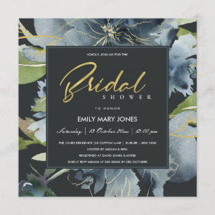 BLUE BLACK GOLD FLORAL WATERCOLOR BRIDAL SHOWER INVITATION