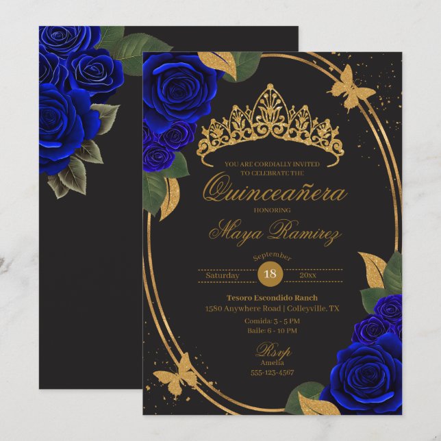 Blue Black Gold Glitter Butterfly Quinceañera  Invitation (Front/Back)