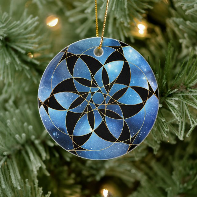Blue Black Gold Sacred Geometry Ceramic Ornament (Tree)